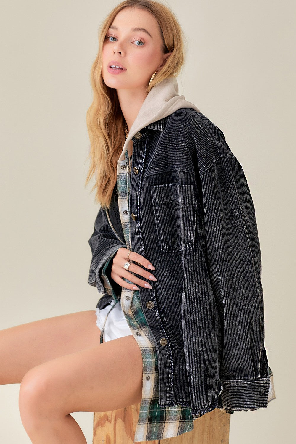 Corduroy Washed Finished Frayed Hem Jacket