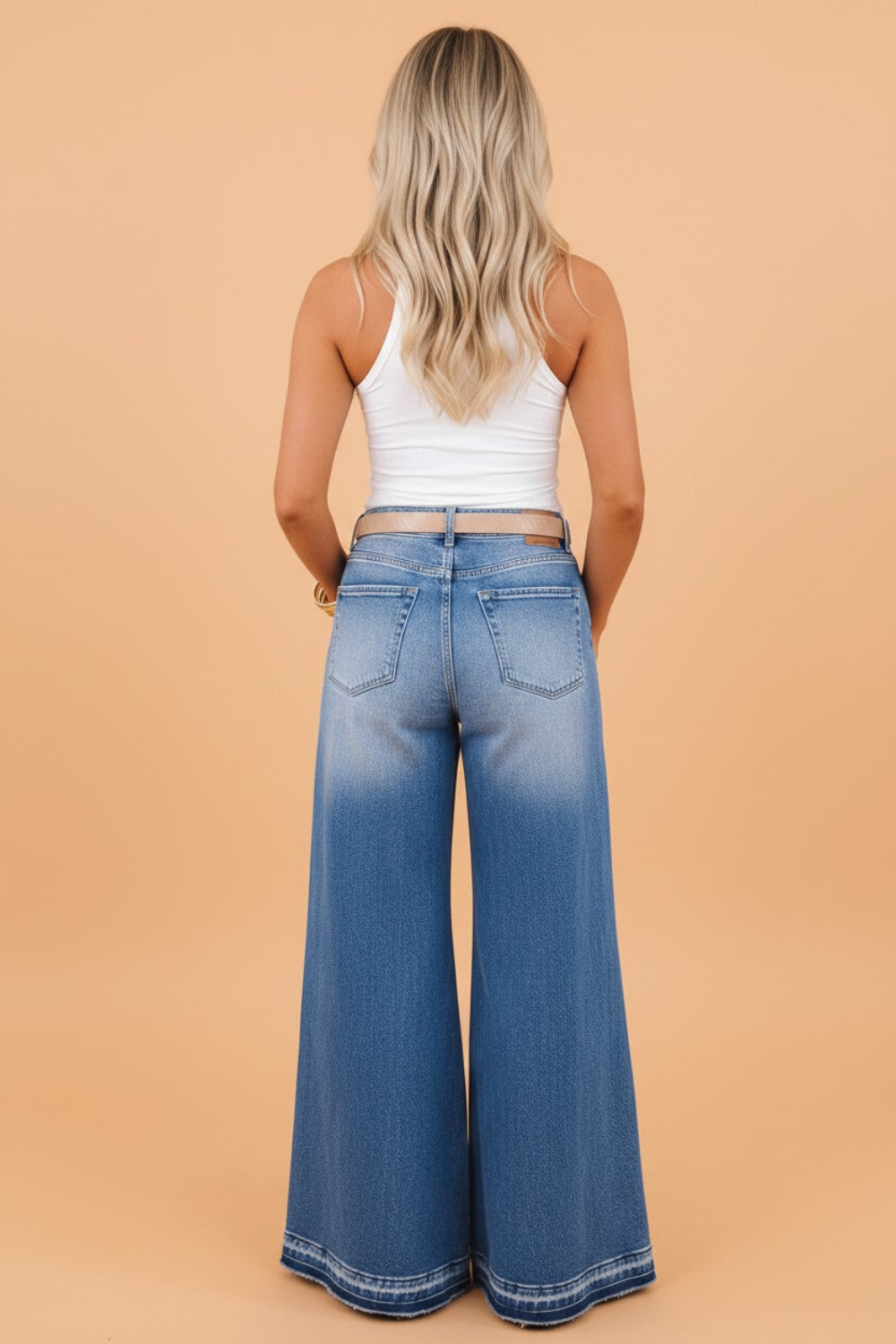Denim Gathered Side Seam Flare Leg Pants
