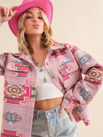 Pink Jacquard Aztec Relaxed Fit Button Down Shacket Shacket