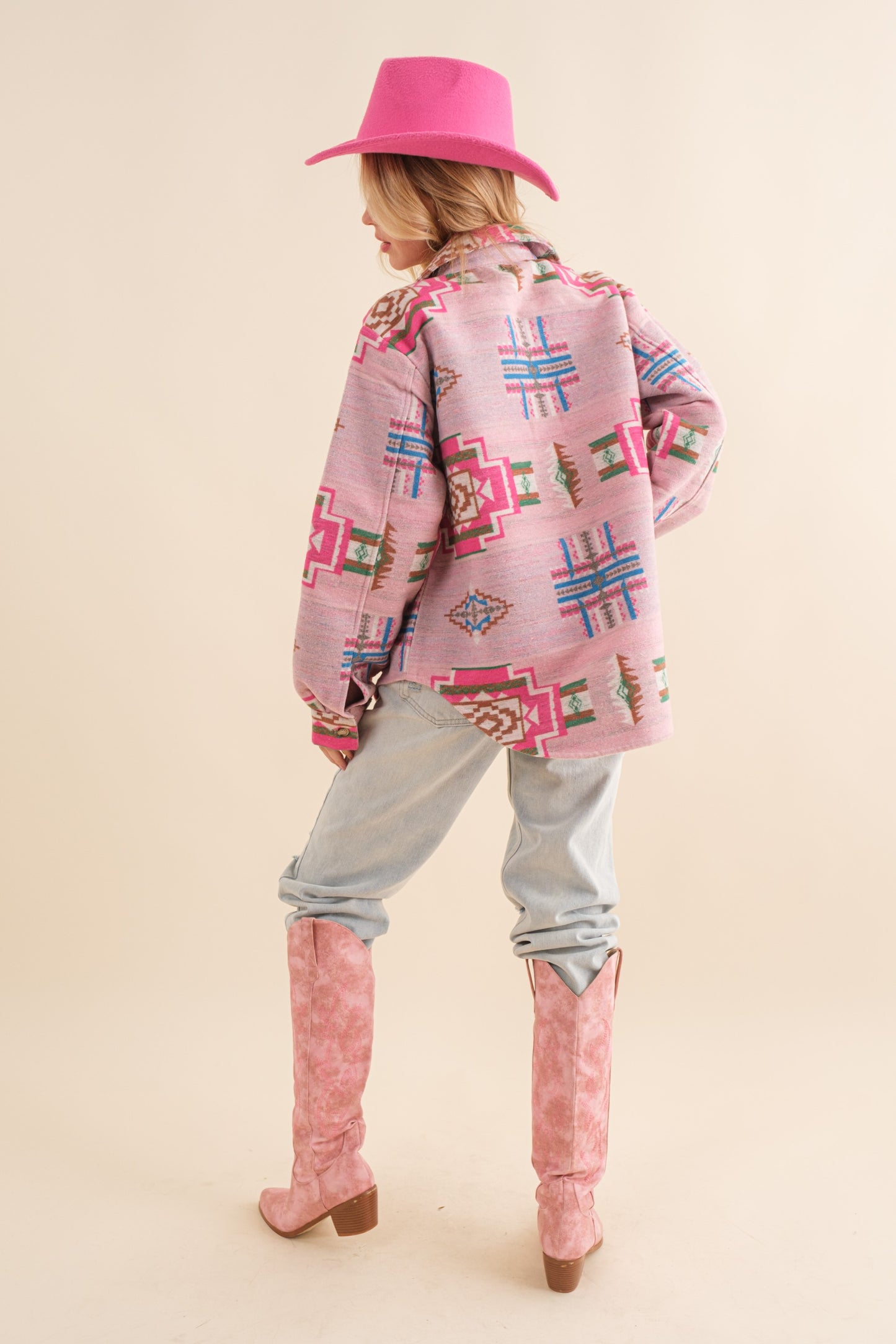 Pink Jacquard Aztec Relaxed Fit Button Down Shacket Shacket