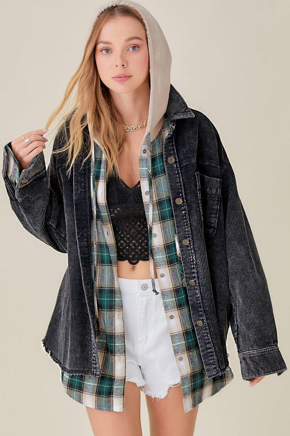 Corduroy Washed Finished Frayed Hem Jacket