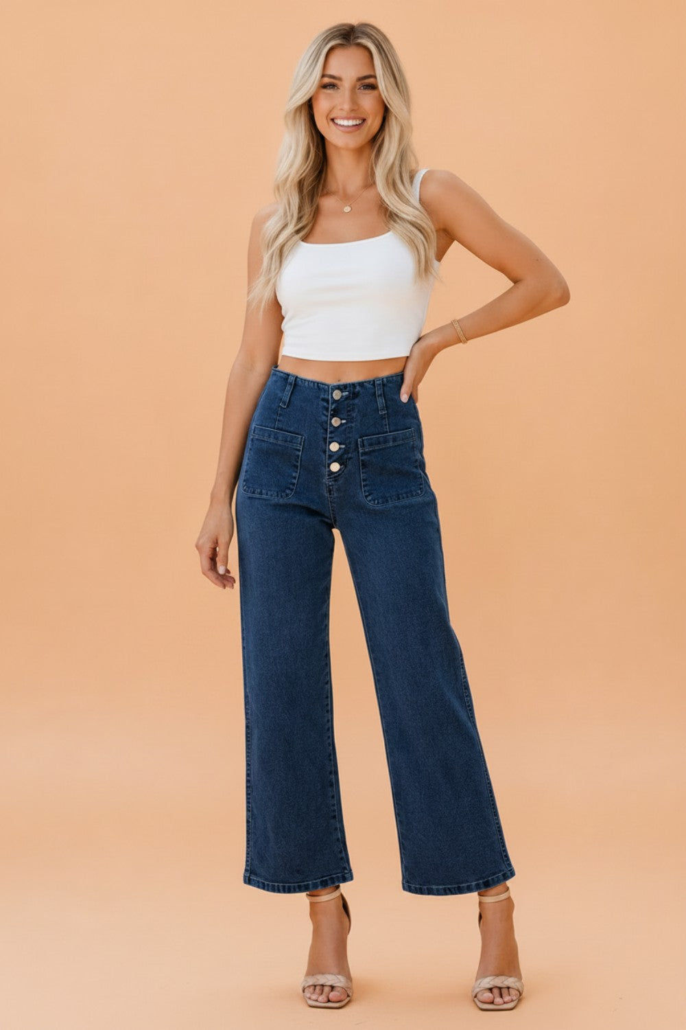 Buttoned High Waist Wide Leg Cropped Jeans