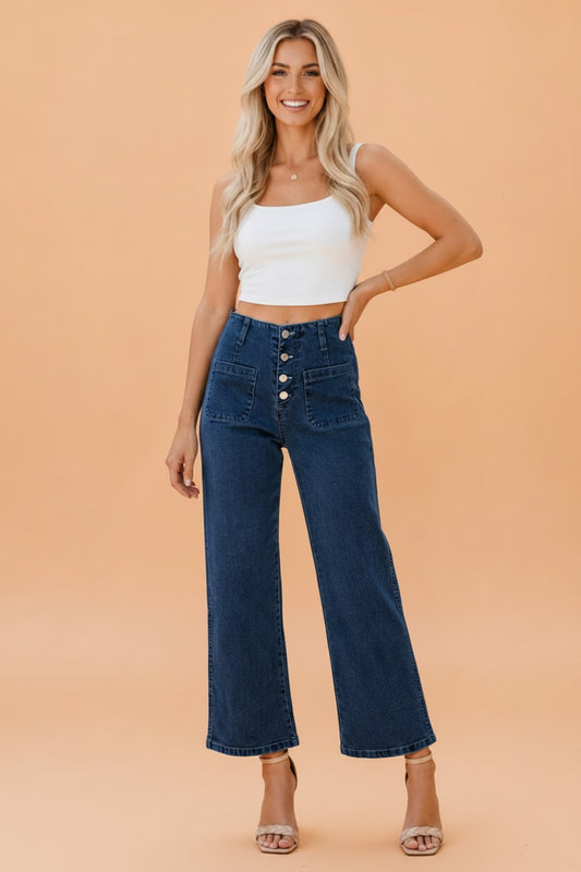 Buttoned High Waist Wide Leg Cropped Jeans
