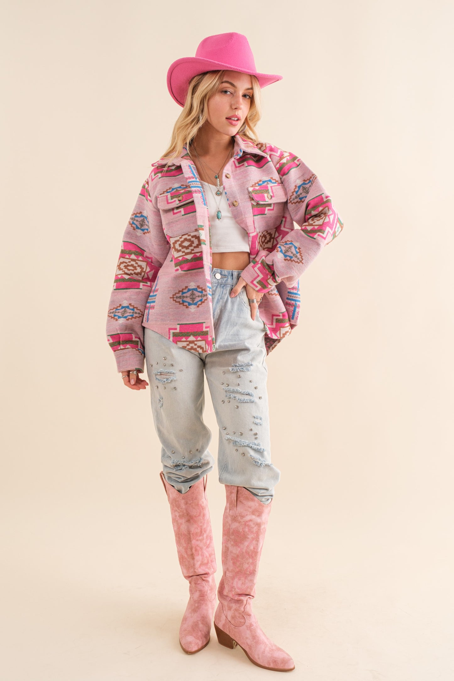 Pink Jacquard Aztec Relaxed Fit Button Down Shacket Shacket