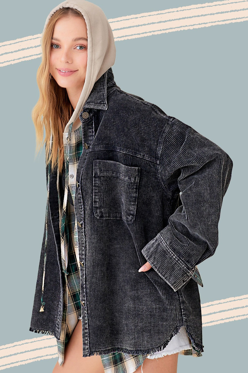 Corduroy Washed Finished Frayed Hem Jacket