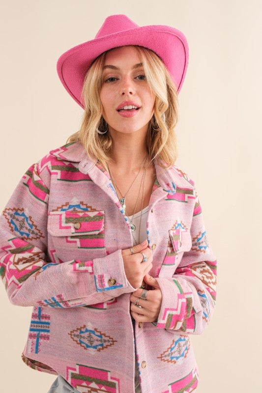 Pink Jacquard Aztec Relaxed Fit Button Down Shacket Shacket