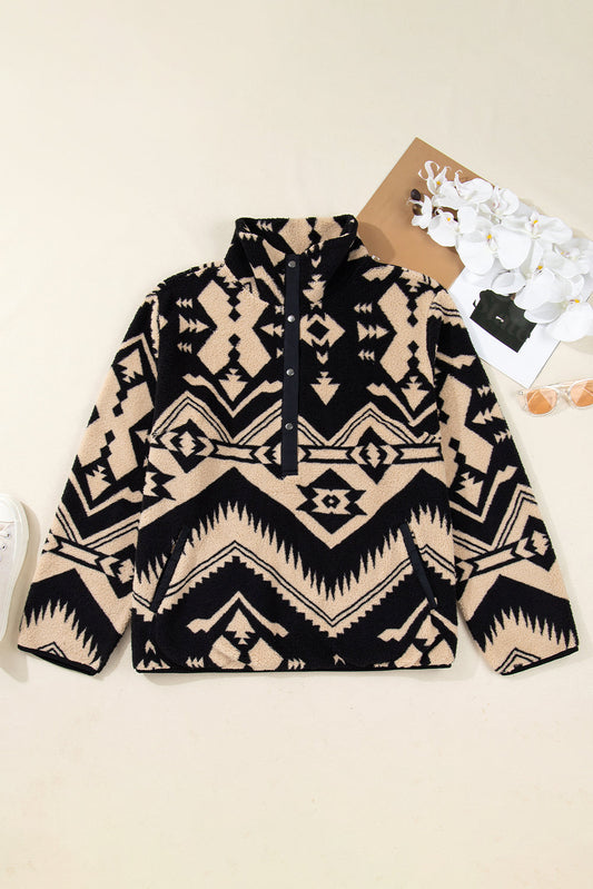 Plus Size Western Aztec Fleece Half Button Sweatshirt